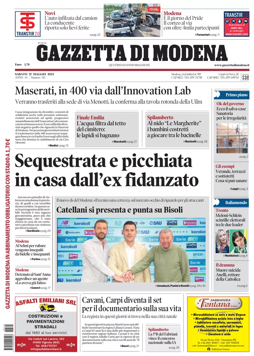 Prima-pagina-gazzetta di modena-oggi-edizione-del-2024-05-25